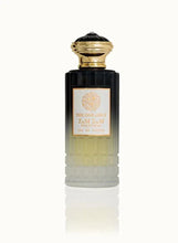 Men’s eau de parfum bottle, black with gold cap and cream label, 100 ml