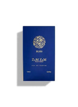 Zamzam Bliss eau de parfum box, blue with gold emblem and 100ml text