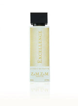 Eau de parfum bottle with black cap and gold label, yellow glass