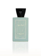 Eau de parfum bottle with black cap, aqua label and gold text