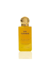 Men's eau de parfum bottle with gold cap, amber glass, 'OUD CASHMERE' label