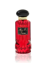 Red eau de parfum bottle with black dome cap, Alizy Pour Femme label.
