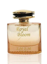 Royal Bloom eau de parfum bottle with gold cap and amber liquid, 100 ml