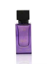Eau de parfum bottle with purple glass and black cap, 50 ml ZamZam Sand Noir.