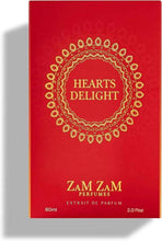 Red perfume box with gold Hearts Delight emblem and Zam Zam Perfumes text, 60ml