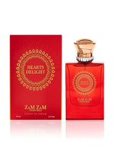 Red Hearts Delight perfume bottle and matching box with gold emblem and Zam Zam Perfumes