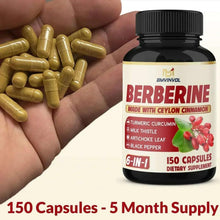 Berberine HCl supplement bottle with capsule contents in a hand beside it.