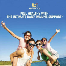 BMVNVOL advertisement text about daily immune support over a group with raised hands.