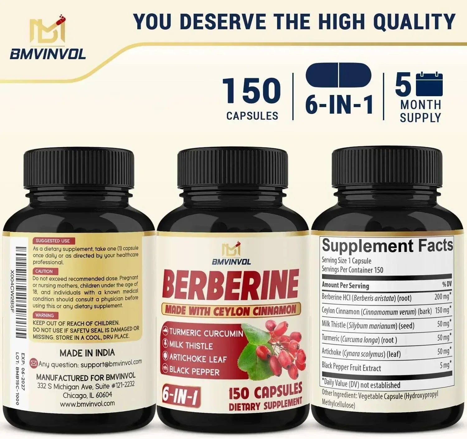 Berberine HCl Dietary Supplement Capsules – 150 Capsules - Mumzar