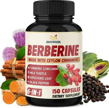 Berberine HCl supplement bottle with black cap, showing 150 capsules front label.