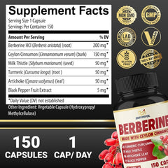 Berberine HCl Dietary Supplement Capsules – 150 Capsules