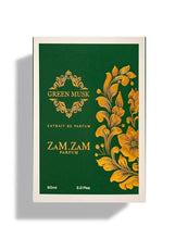Green musk eau de parfum box, 60 ml, green design with gold floral accents.