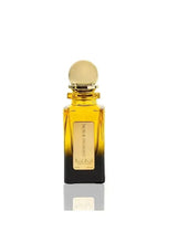 Amber eau de parfum bottle with gold cap and dark label, 50ml