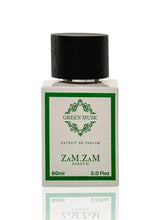 Green musk eau de parfum bottle, 60 ml, white label with green frame and black cap.