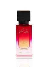 Red perfume bottle with black cap and 'Velvet Love' label