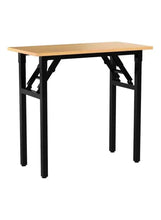 Adjustable laptop table with light wood top and black folding frame