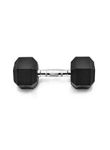 Black hex rubber dumbbell with chrome handle and knurled grip, 20 kg