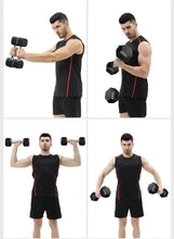 Black hex rubber dumbbells shown being held in multiple arm positions