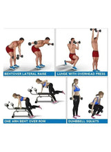 Black hex rubber dumbbells illustrated in an exercise workout collage