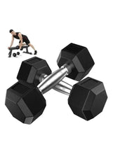 Black hex rubber dumbbell with chrome handle, close-up angled view