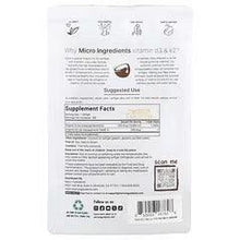 Vitamin D3 & K2 softgels supplement pouch, back text and supplement facts panel