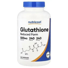 Glutathione supplement bottle with blue cap, front label and 500 mg, 240 capsules