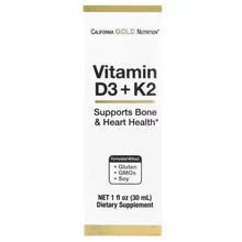 Vitamin D3 and K2 liquid supplement box, California Gold Nutrition, 1 fl oz