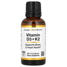 Vitamin D3 and K2 liquid supplement bottle, California Gold Nutrition, 1 fl oz