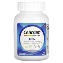 Centrum Men multivitamin bottle, 120 tablets, blue and white front label