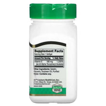 Vitamin E supplement bottle back label with Supplement Facts, green cap