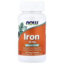 NOW Foods Iron 18 mg supplement bottle with orange label and white cap