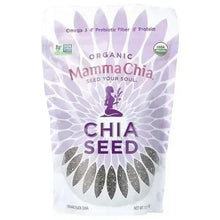 Organic chia seeds pouch, Mama Chia, white bag with purple logo and seed design