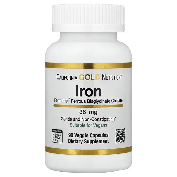 California Gold Nutrition Ferrochel® Iron (Bisglycinate) 36 mg – 90 Veggie Capsules | Gentle & Highly Absorbable Iron Supplement - Mumzar