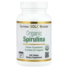 Organic spirulina supplement bottle, front label, 240 tablets