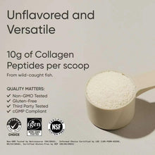 Unflavoured marine collagen powder scoop beside tub, quality badge icons