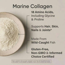 Marine collagen powder in a dish with tub label highlights