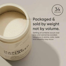 Marine collagen supplement jar with open lid and 34 servings callout