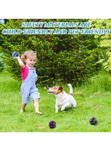 Multicolour rubber bounce ball on grass near child and small dog