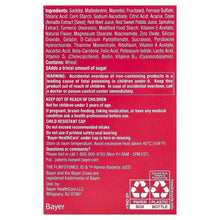 Ingredients and warning label for children's chewable multivitamin with iron