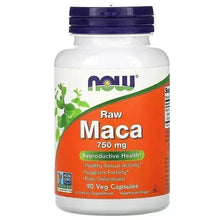 Raw maca supplement bottle with NOW logo and 750 mg capsule label