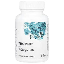THORNE B-Complex #12 dietary supplement bottle with teal label and blue splash graphic