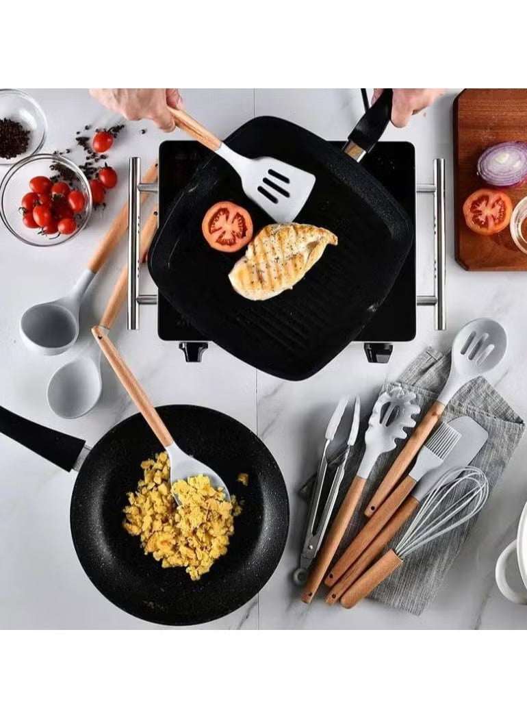 12-Piece Silicone Kitchen Utensil Set with Wooden Handles – Non-Stick Cooking Tools - Mumzar