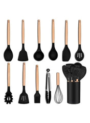 12-Piece Silicone Kitchen Utensil Set with Wooden Handles – Non-Stick Cooking Tools - Mumzar