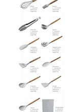 Cooking utensil set with grey silicone heads and wooden handles shown with sizes
