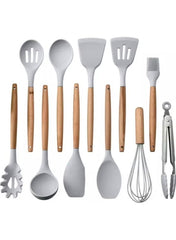 12-Piece Silicone Kitchen Utensil Set with Wooden Handles – Non-Stick Cooking Tools - Mumzar
