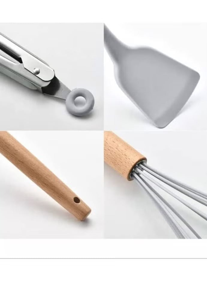 12-Piece Silicone Kitchen Utensil Set with Wooden Handles – Non-Stick Cooking Tools - Mumzar
