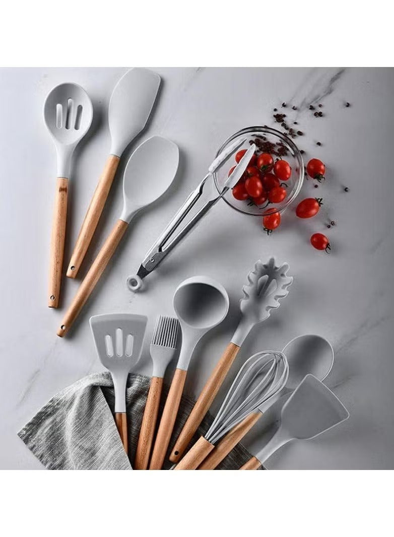 12-Piece Silicone Kitchen Utensil Set with Wooden Handles – Non-Stick Cooking Tools - Mumzar
