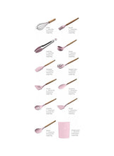 Pink silicone cooking utensil set with wooden handles, including spatulas and ladles.