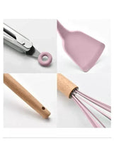 Silicone cooking tool with wooden handle, pink head and metal whisk attachment.