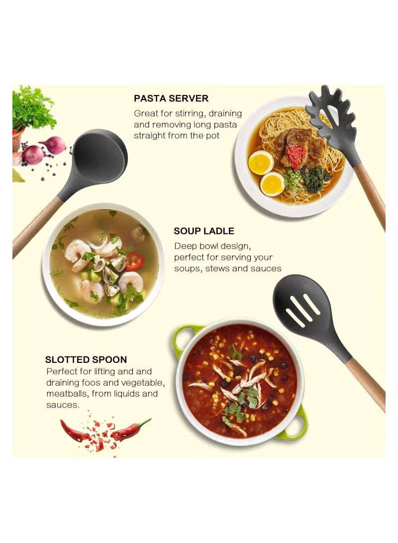 12 Pieces In 1 Set Silicone Kitchen Accessories Cooking Tools Kitchenware Silicone Utensils With Wooden Handles - Mumzar